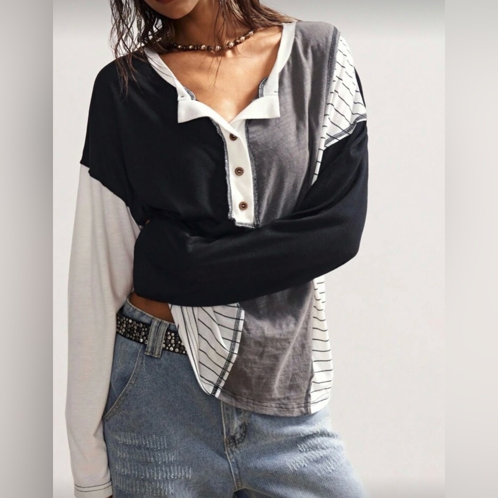 010 Cozy Color Block Button Stripes Henley Top - image 1